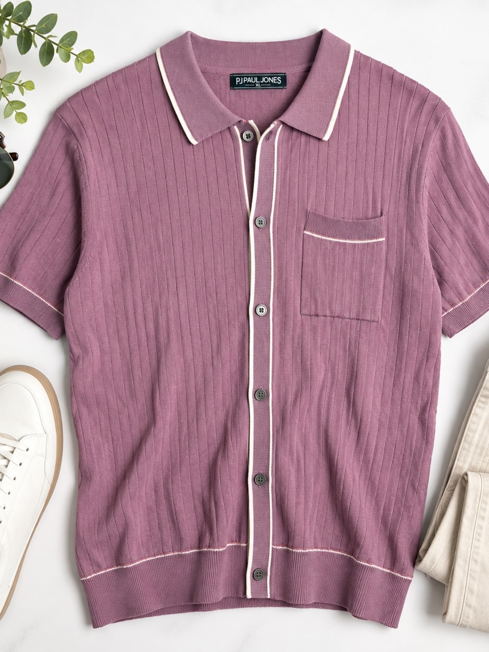 PJ PAUL JONES Men’s XL Mauve Ribbed Knit Button Front Polo Shirt Retro